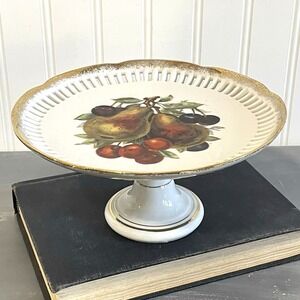 Vintage Pedestal Dish Appetizer Stand Painted Fruit Reticulated Edge 3.75" Tall